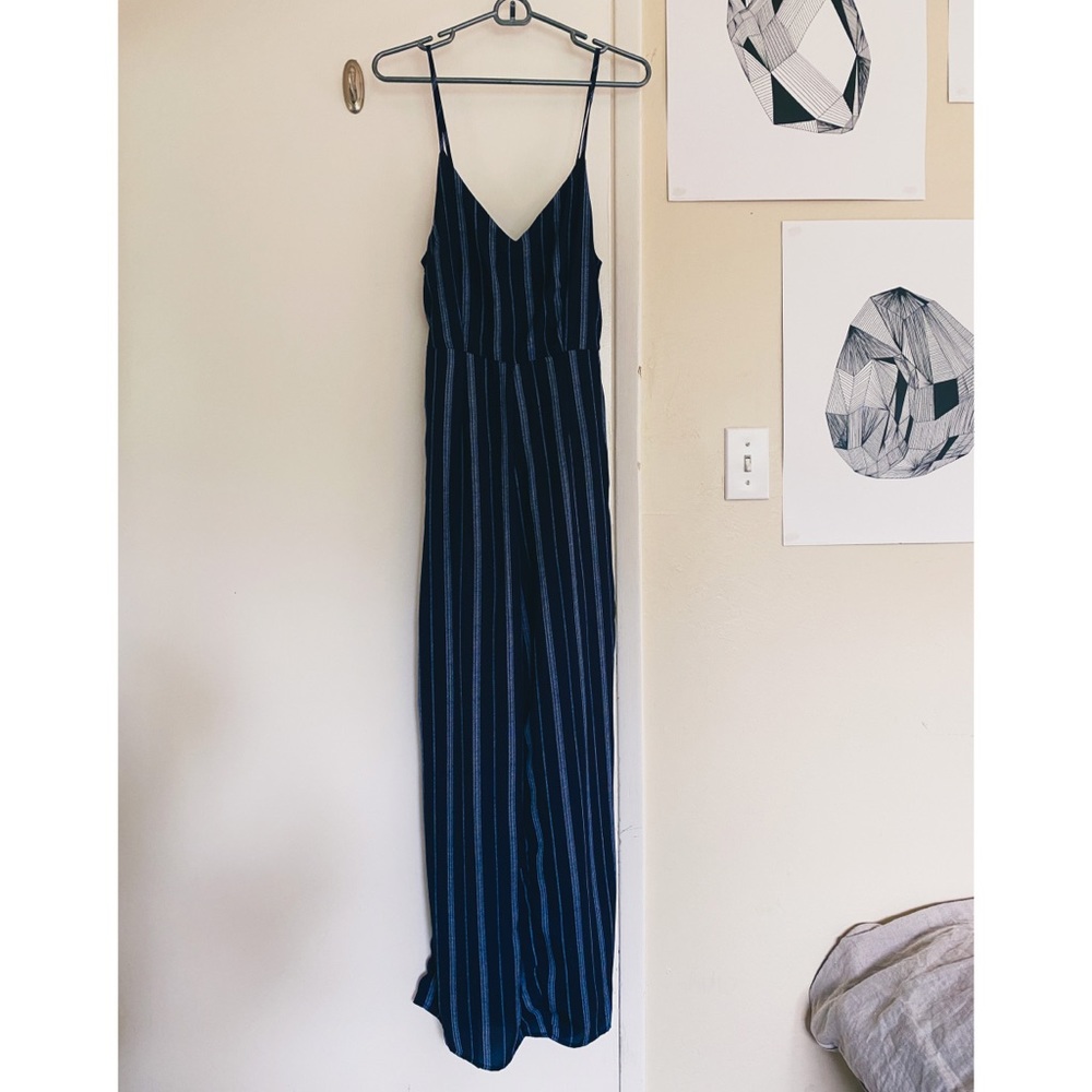 Navy Blue Stripe Chiffon Jumpsuit Fully Lined S